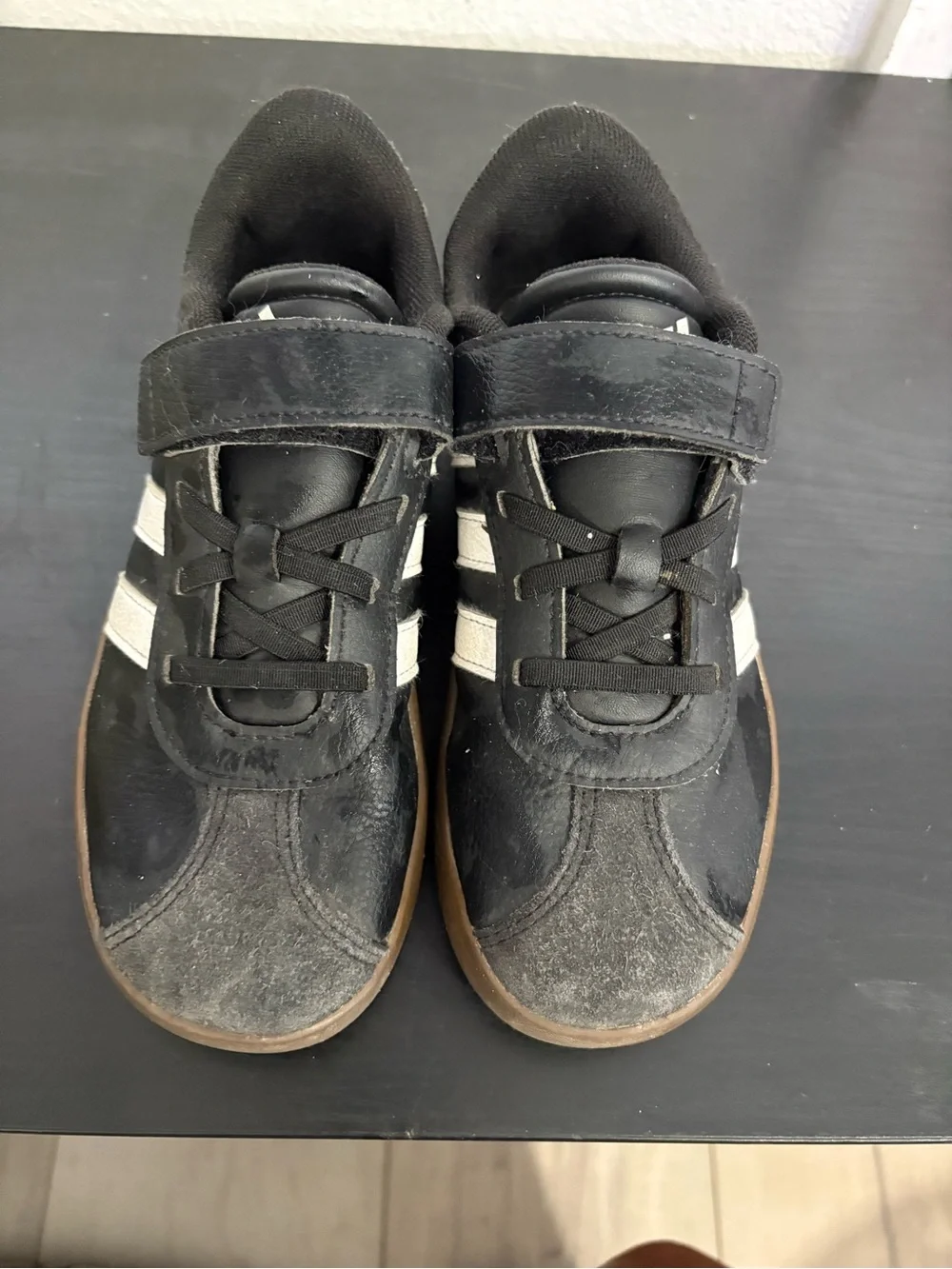 adidas Black Kids Sneakers with White Stripes and Brown Soles